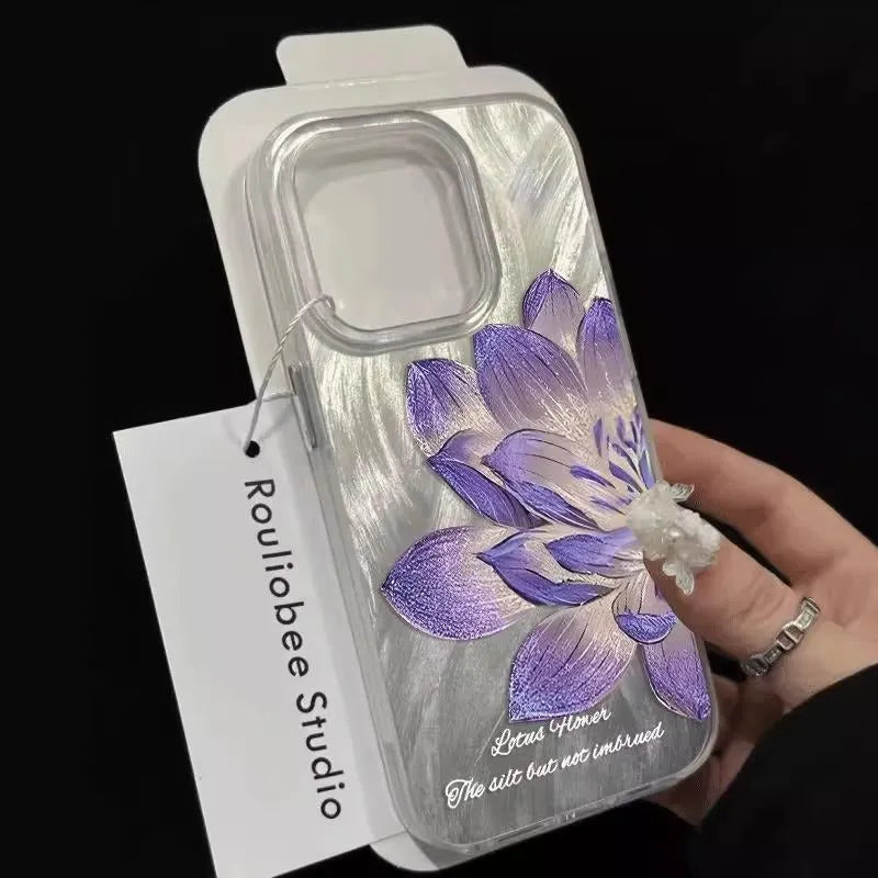 Transparent blue lotus fairy pattern iPhone hard case showing front and back views