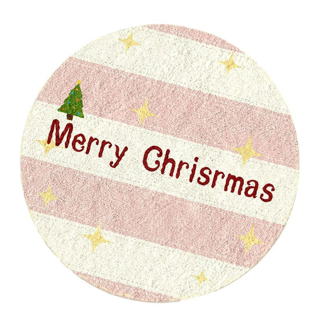 Round Christmas-themed floor carpet in imitation cashmere, showing one of six festive colour patterns.