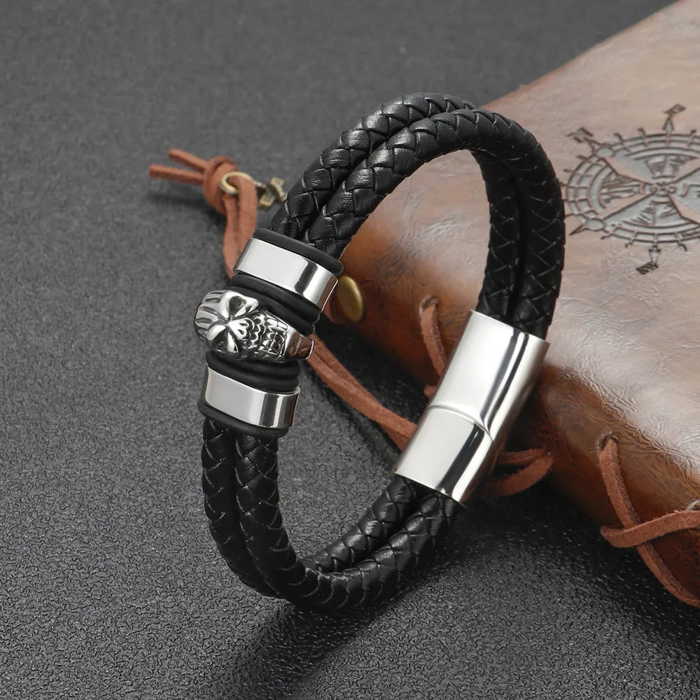 Silver titanium steel skull bracelet for men with geometric ornament in vintage punk style