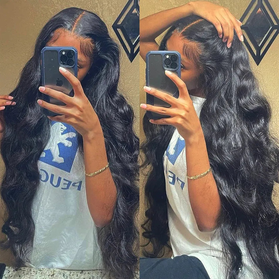 Black synthetic front lace wig with long curly hair and side bangs on a wig stand.