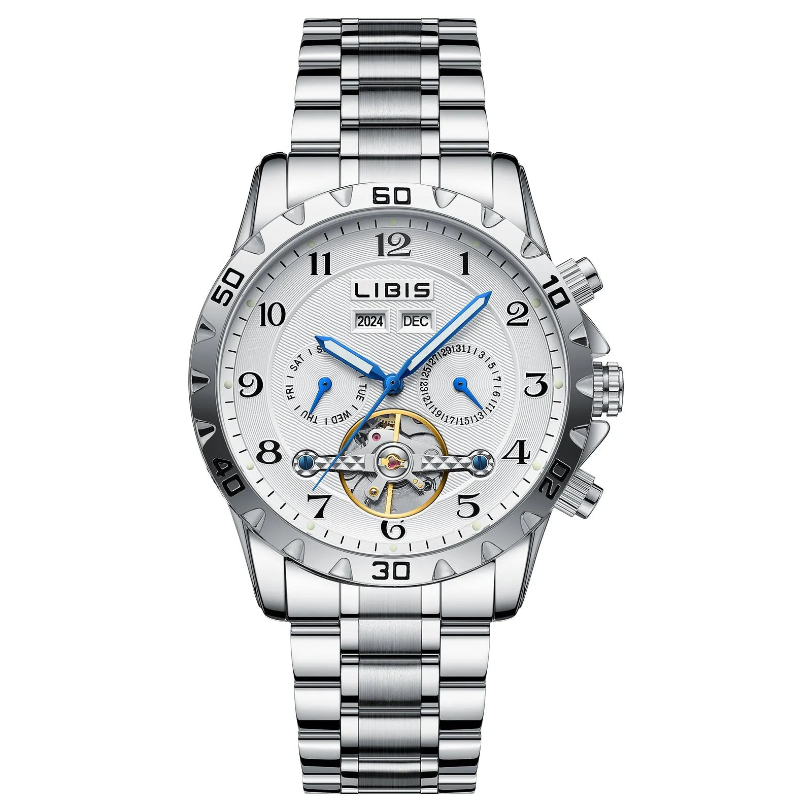 Men's silver stainless steel automatic perpetual calendar watch with sapphire crystal glass.