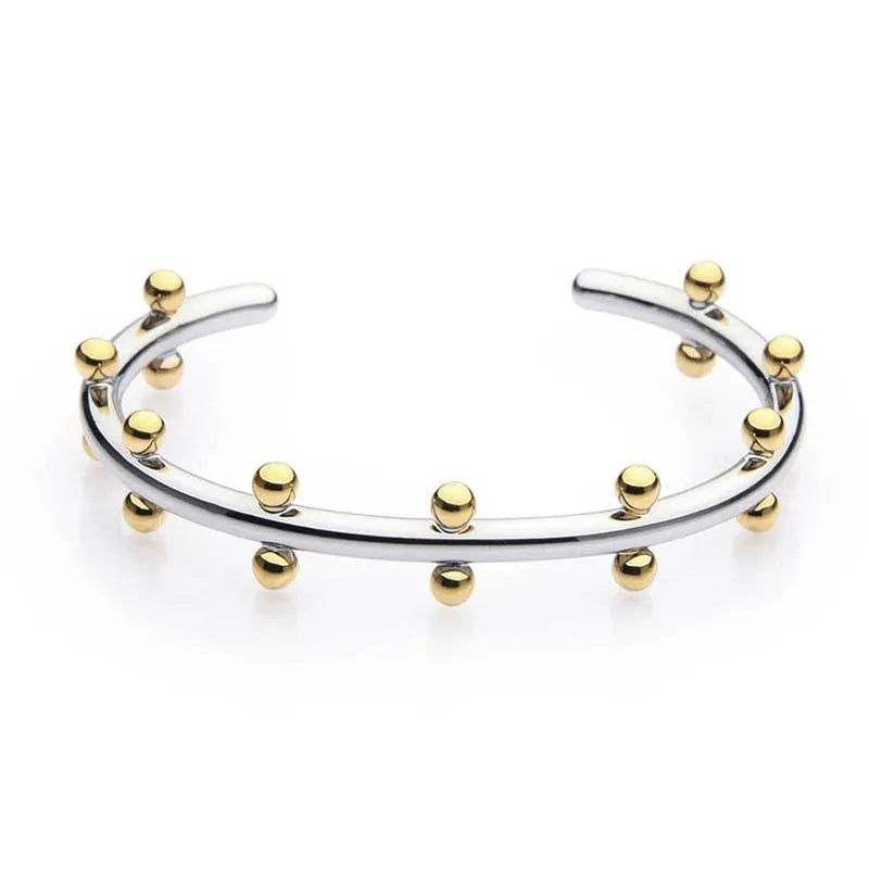 Stainless steel personality texture rivet bean beads bracelet with C-shaped design in gold finish