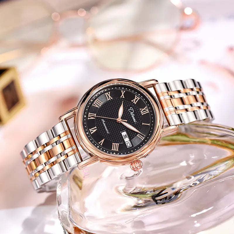 Women's automatic mechanical watch with a 12mm case on a steel or leather strap