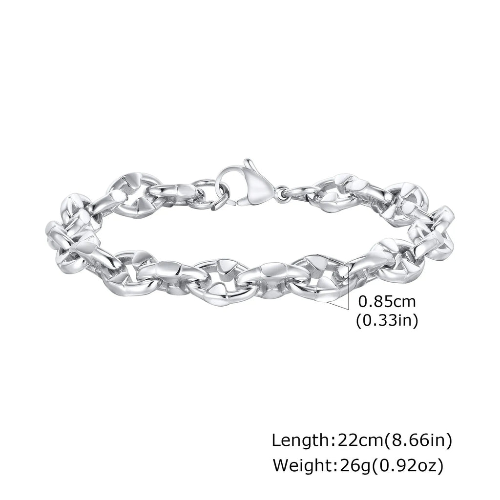 Handmade stainless steel thick geometric chain bracelet in steel colour, a unisex hip hop fashion accessory