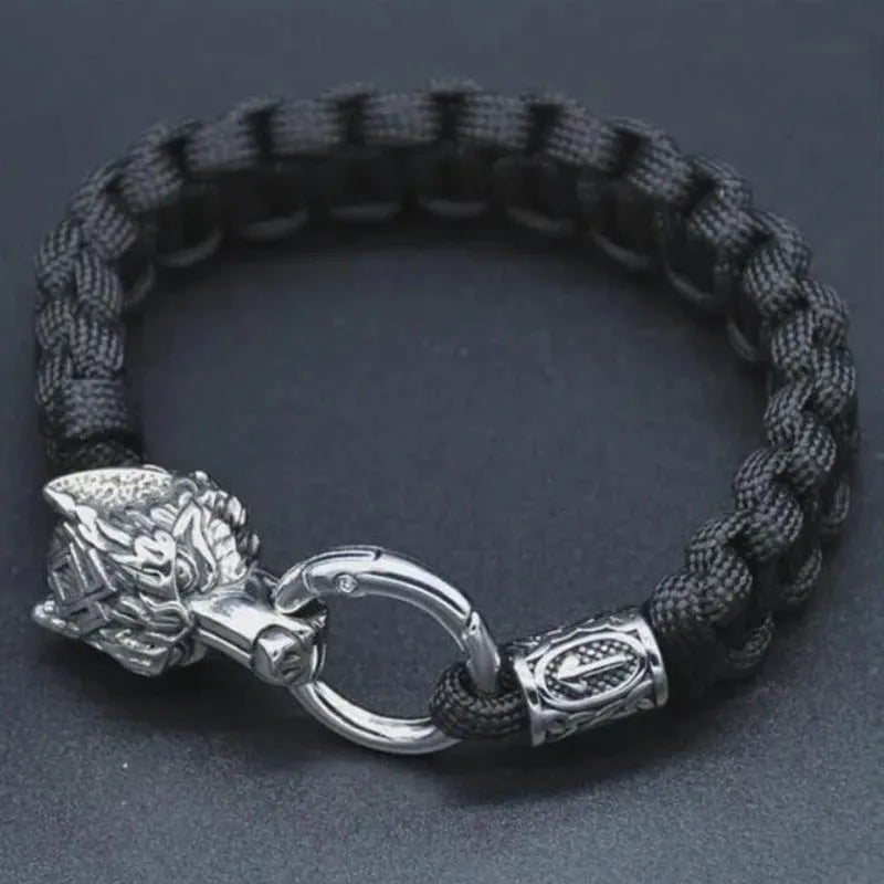 Polished stainless steel wolf head bracelet with camouflage colour finish showing detailed animal modelling