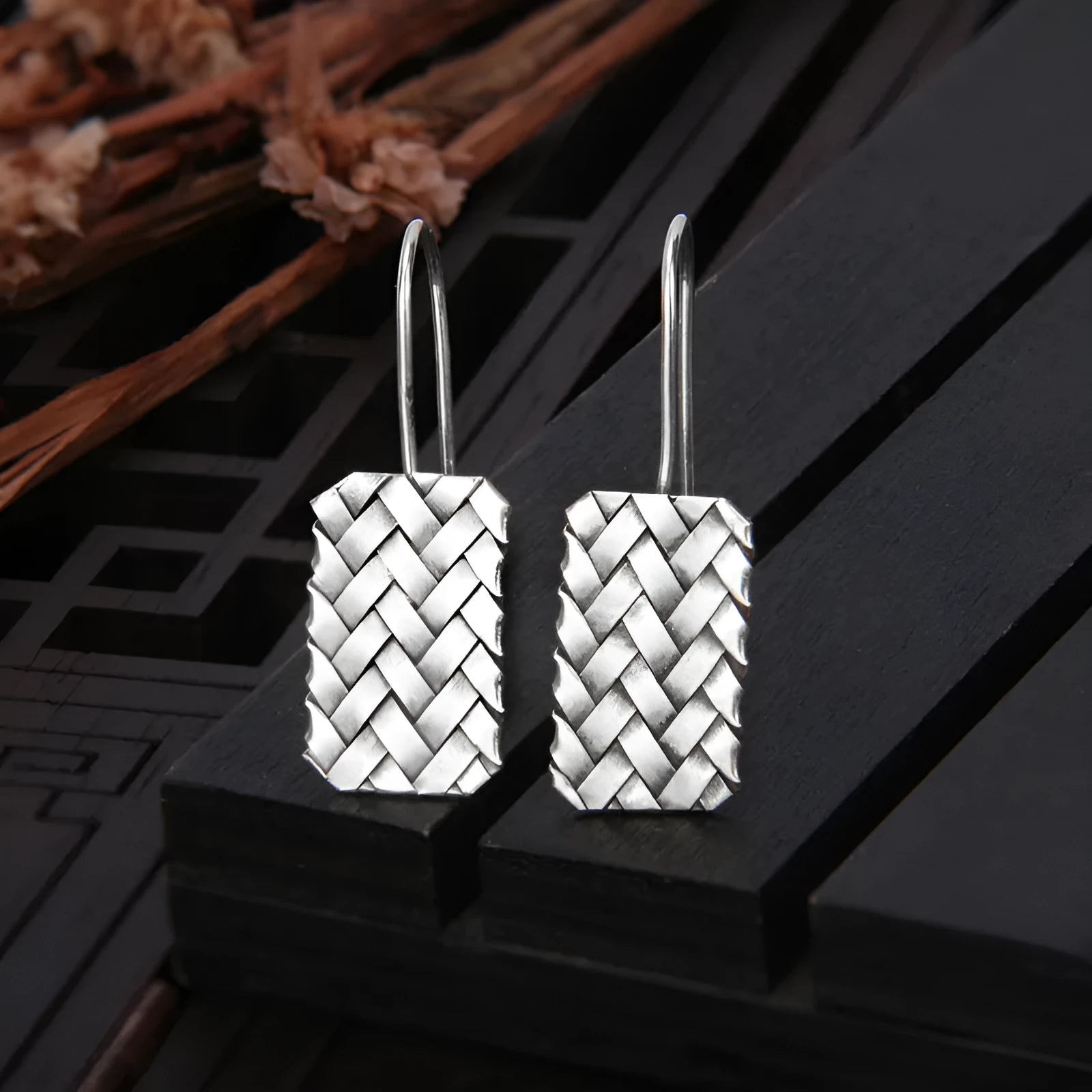 Silver geometric diamond plaid woven drop earrings, 17.5mm x 11mm, made from 925 sterling silver.