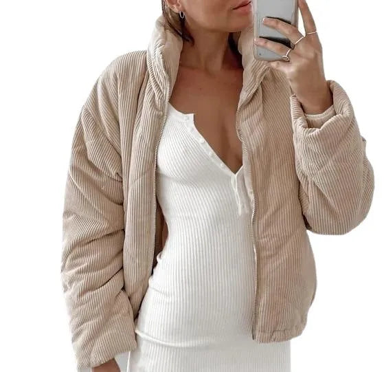 Women's apricot corduroy wadded jacket with stand collar and zip front closure