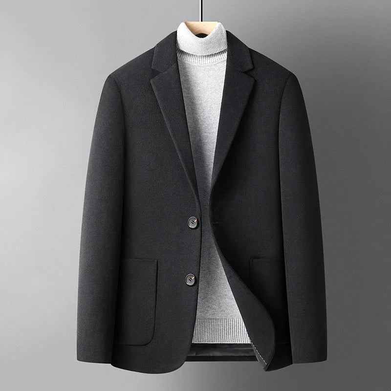 Men's slim fit wool blend suit jacket in a solid colour on a hanger.