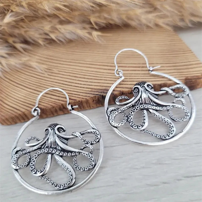 Vintage antique silver octopus earrings with retro styling and zinc alloy construction