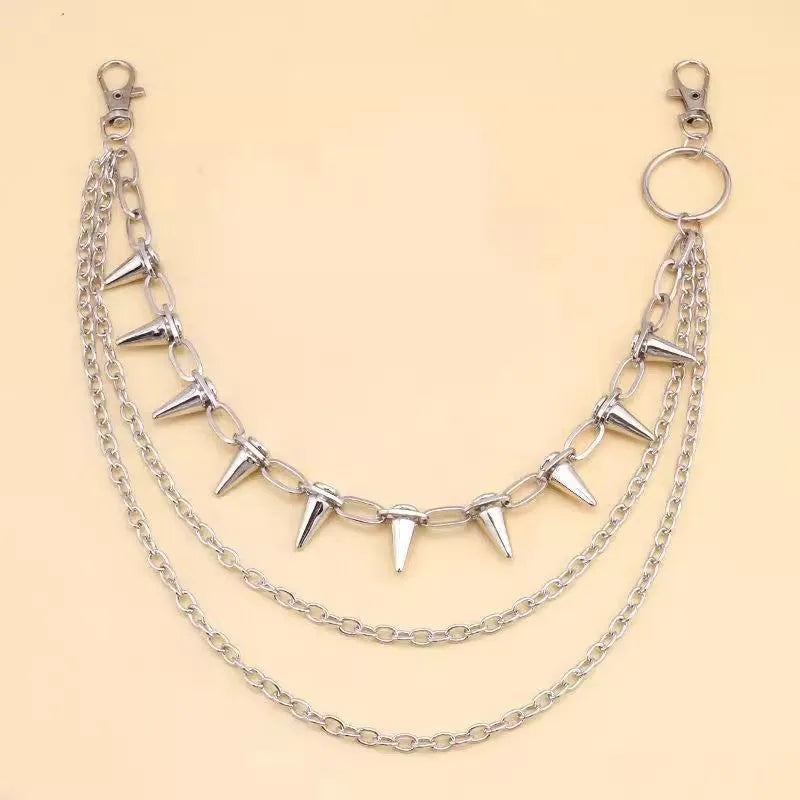 Silver punk pants chain with rivet detailing and zipper fastening, 115cm length