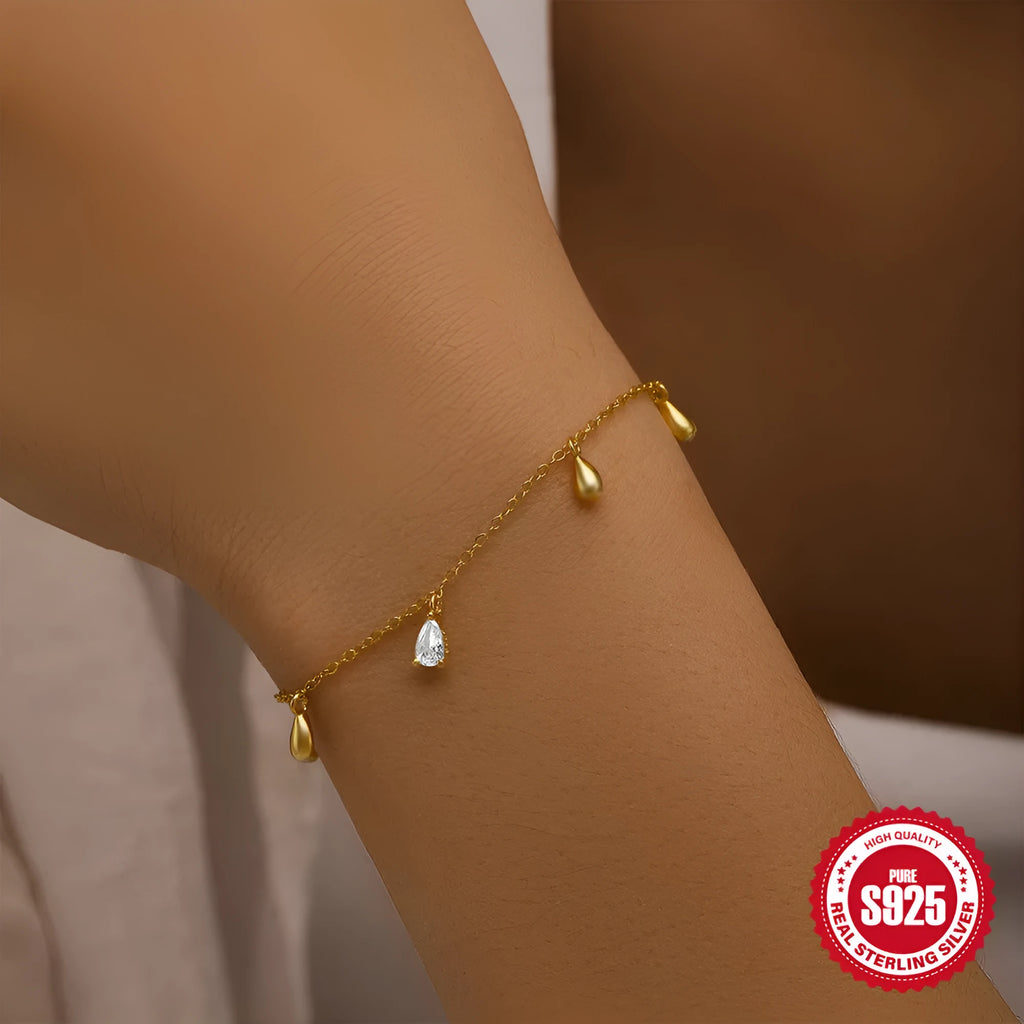 Gold colour S925 sterling silver bracelet with geometric water drop diamond pendant for women