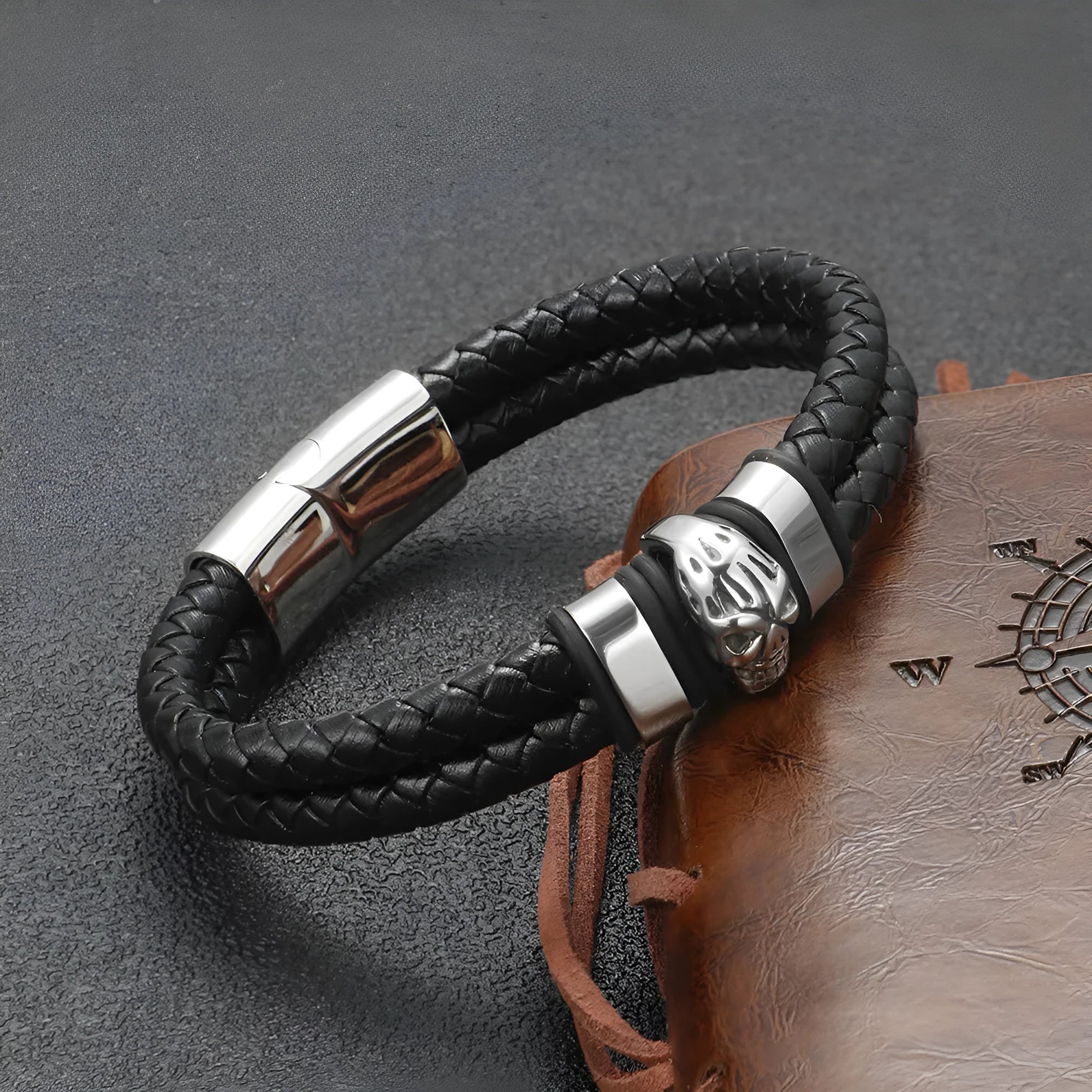 Silver titanium steel skull bracelet for men with geometric ornament in vintage punk style
