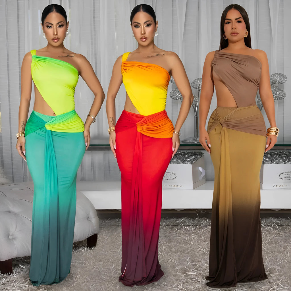 Women's gradient colour sleeveless dress with a cross-shoulder neckline and long A-line skirt.