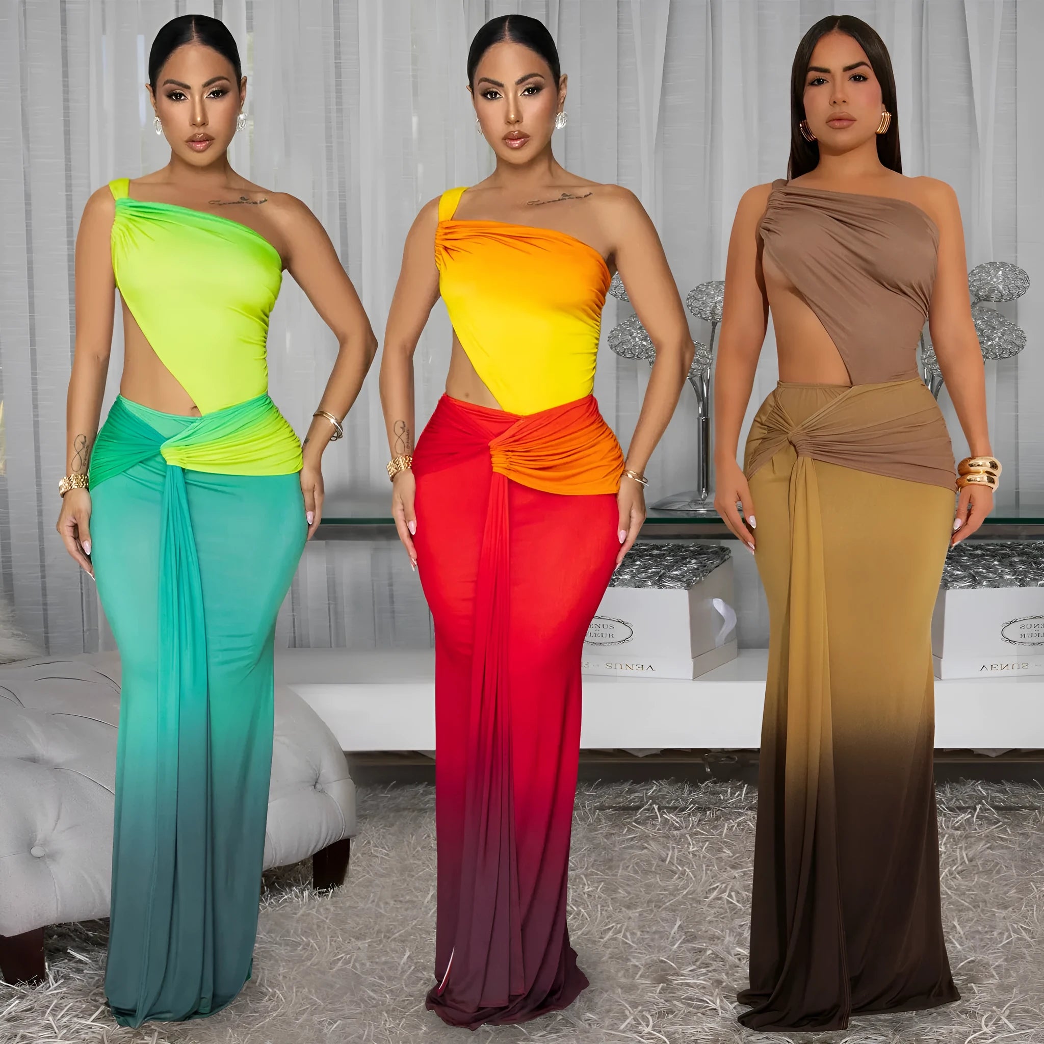 Women's gradient colour sleeveless dress with a cross-shoulder neckline and long A-line skirt.
