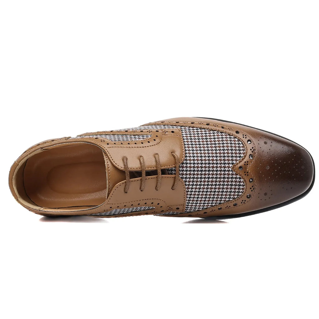 Men's casual leather shoes with houndstooth plaid pattern in black, brown, wine red or yellow colours