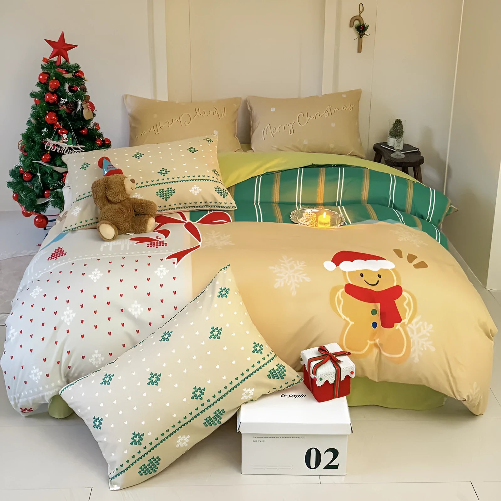 Christmas cartoon pattern four-piece bedding set with sheet, quilt cover, and two pillowcases on a bed.