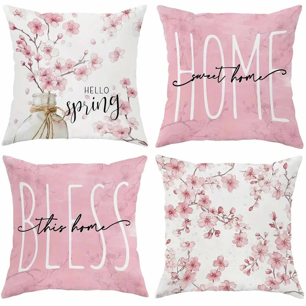 Square short velvet cushion cover with cherry blossom and letter print, 45x45cm.