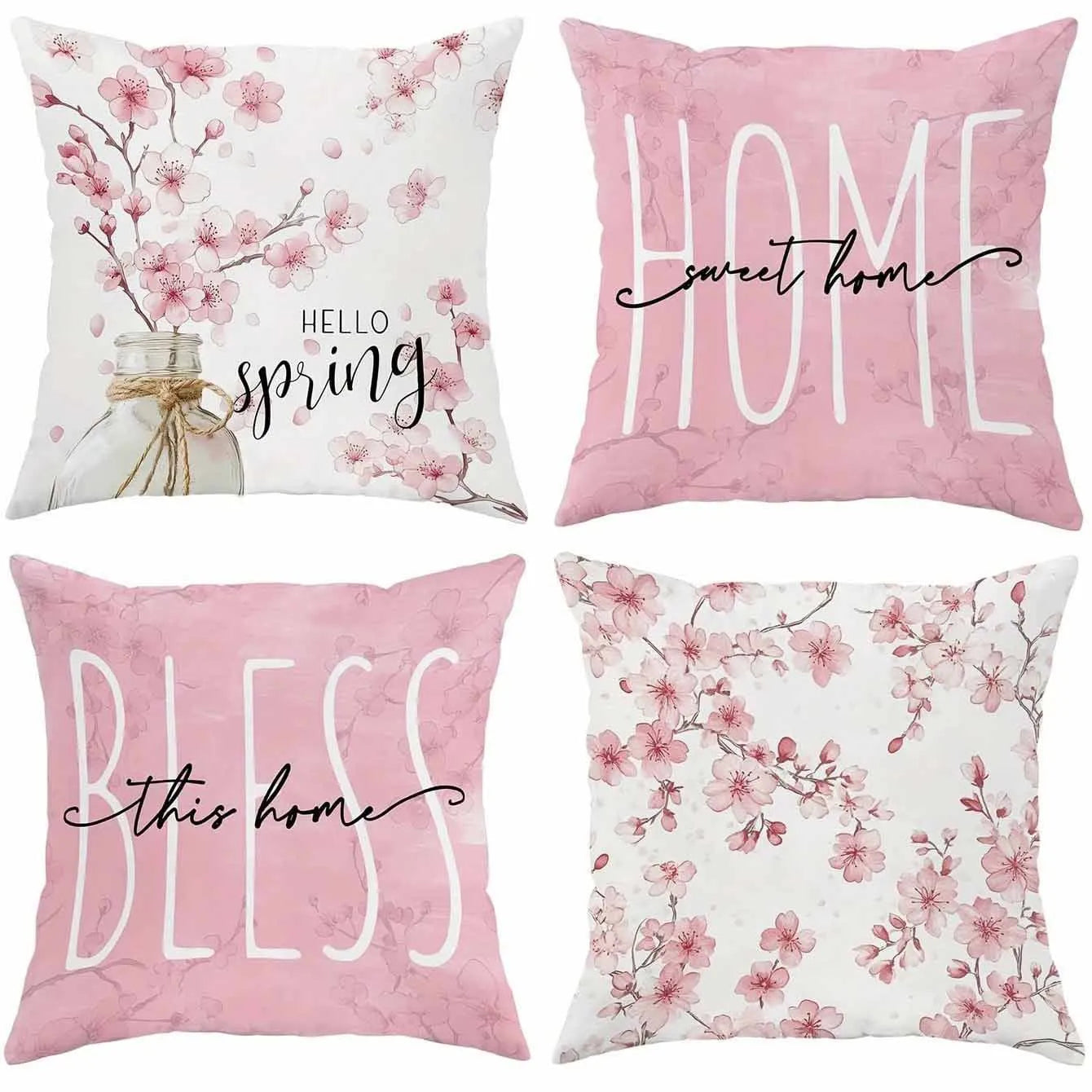 Square short velvet cushion cover with cherry blossom and letter print, 45x45cm.