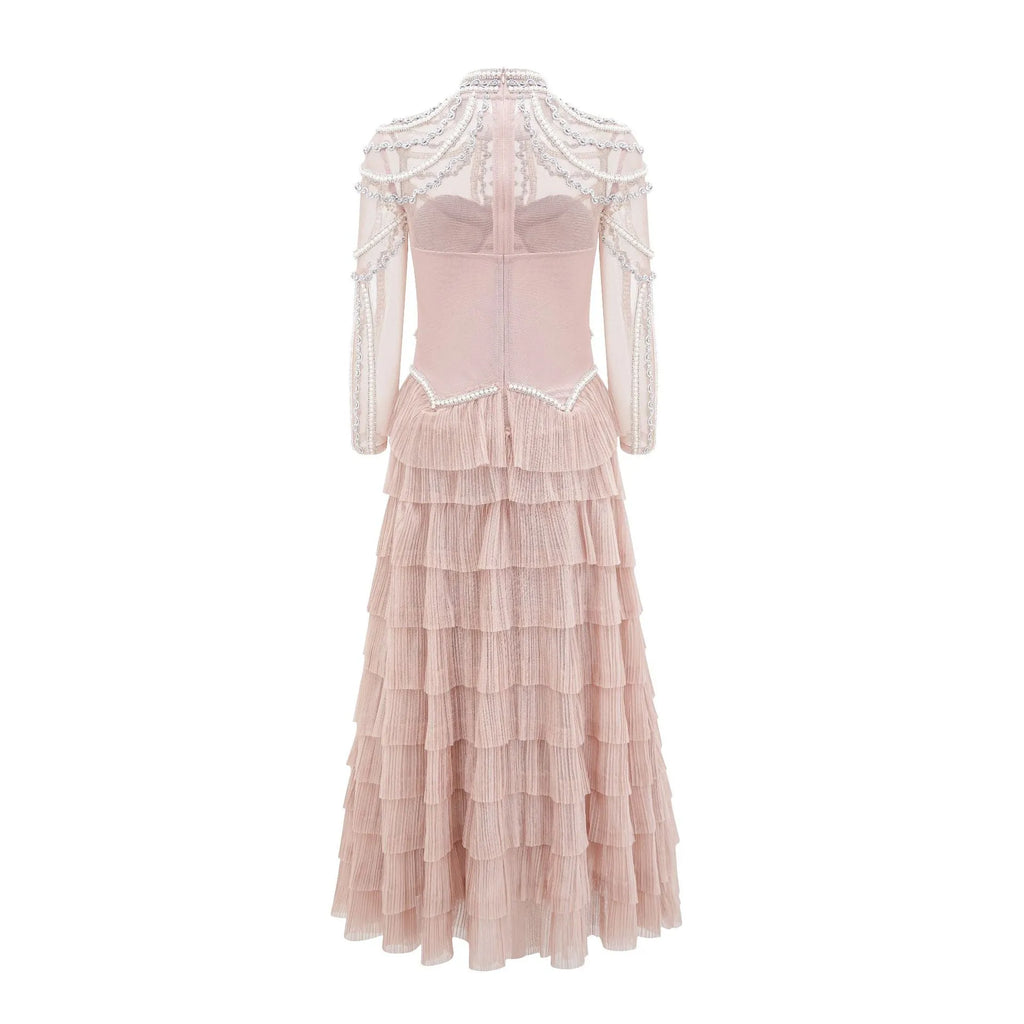 Women's long sleeve beaded dress in polyester with mid waist and long skirt design