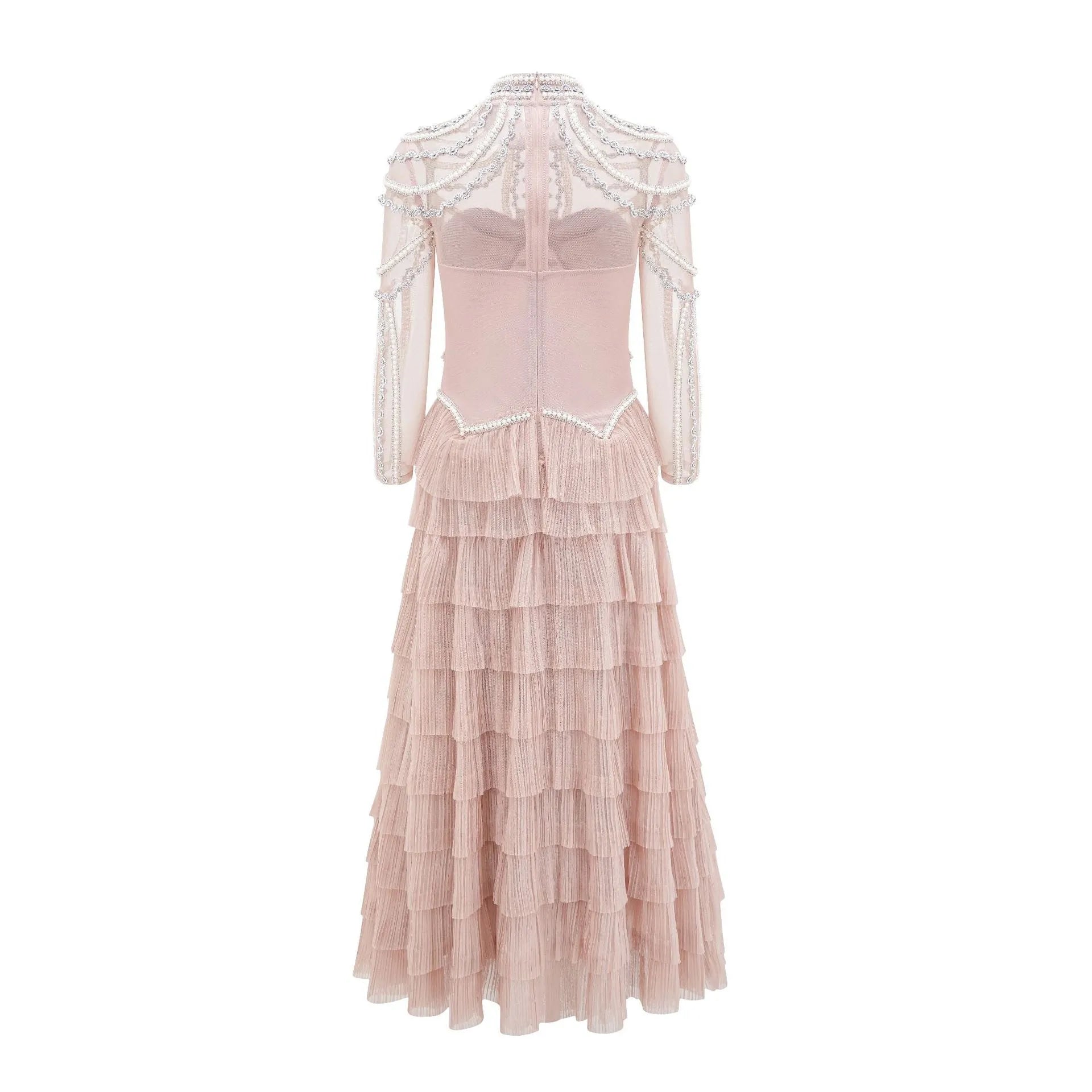 Women's long sleeve beaded dress in polyester with mid waist and long skirt design