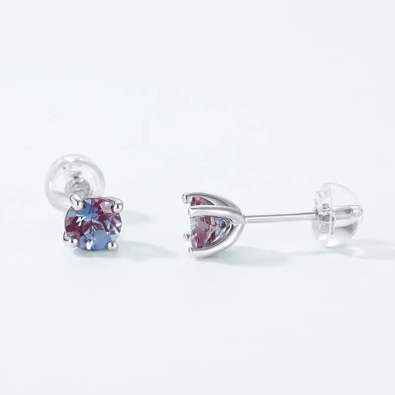 Simple geometric sterling silver stud earrings with a round cultivated Alexandrite stone.