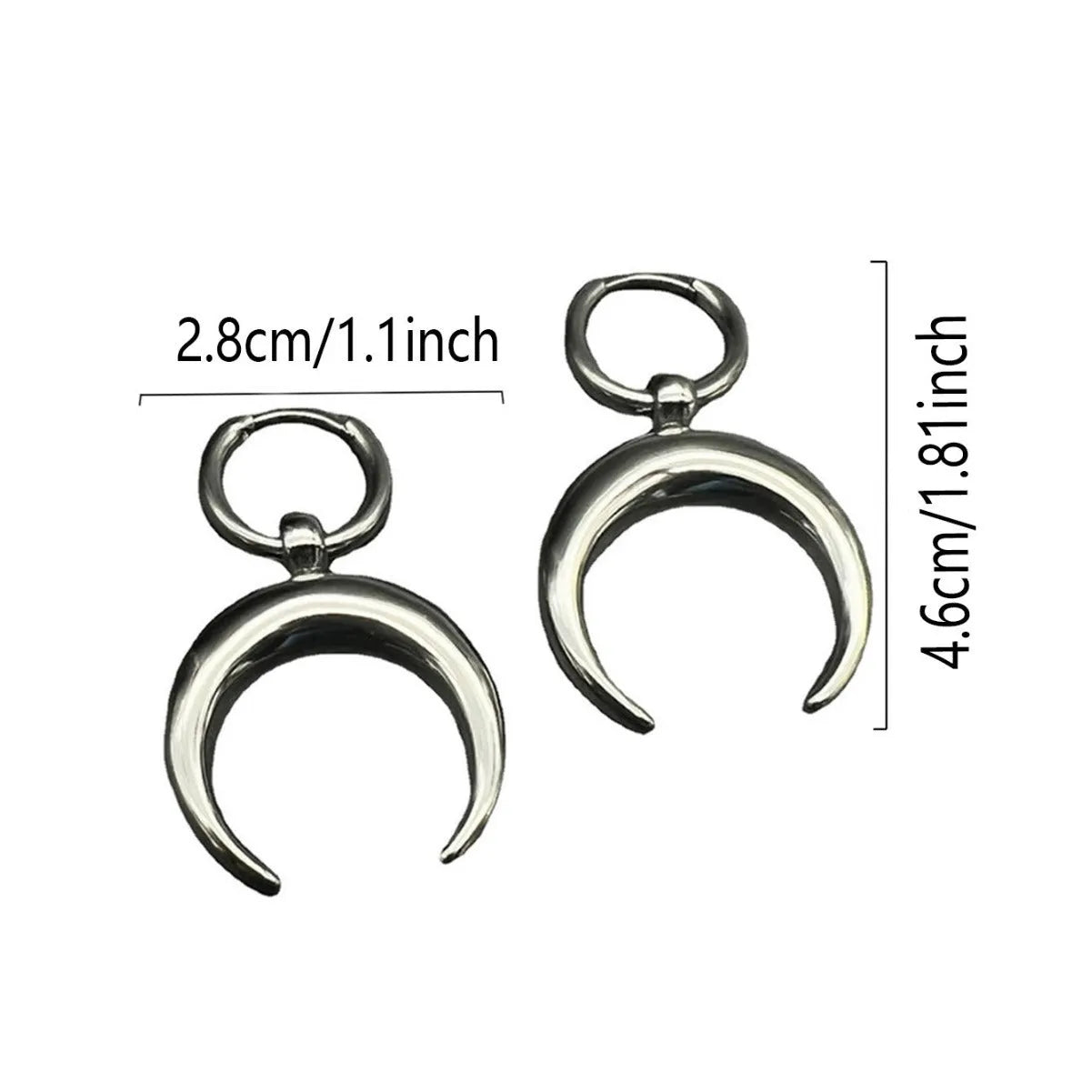 Silver geometric hoop earrings with gothic moon ornament, clip-on design