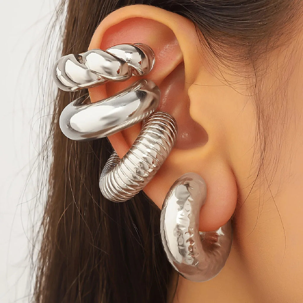 Geometric gold and silver ear clips for women without pierced ears