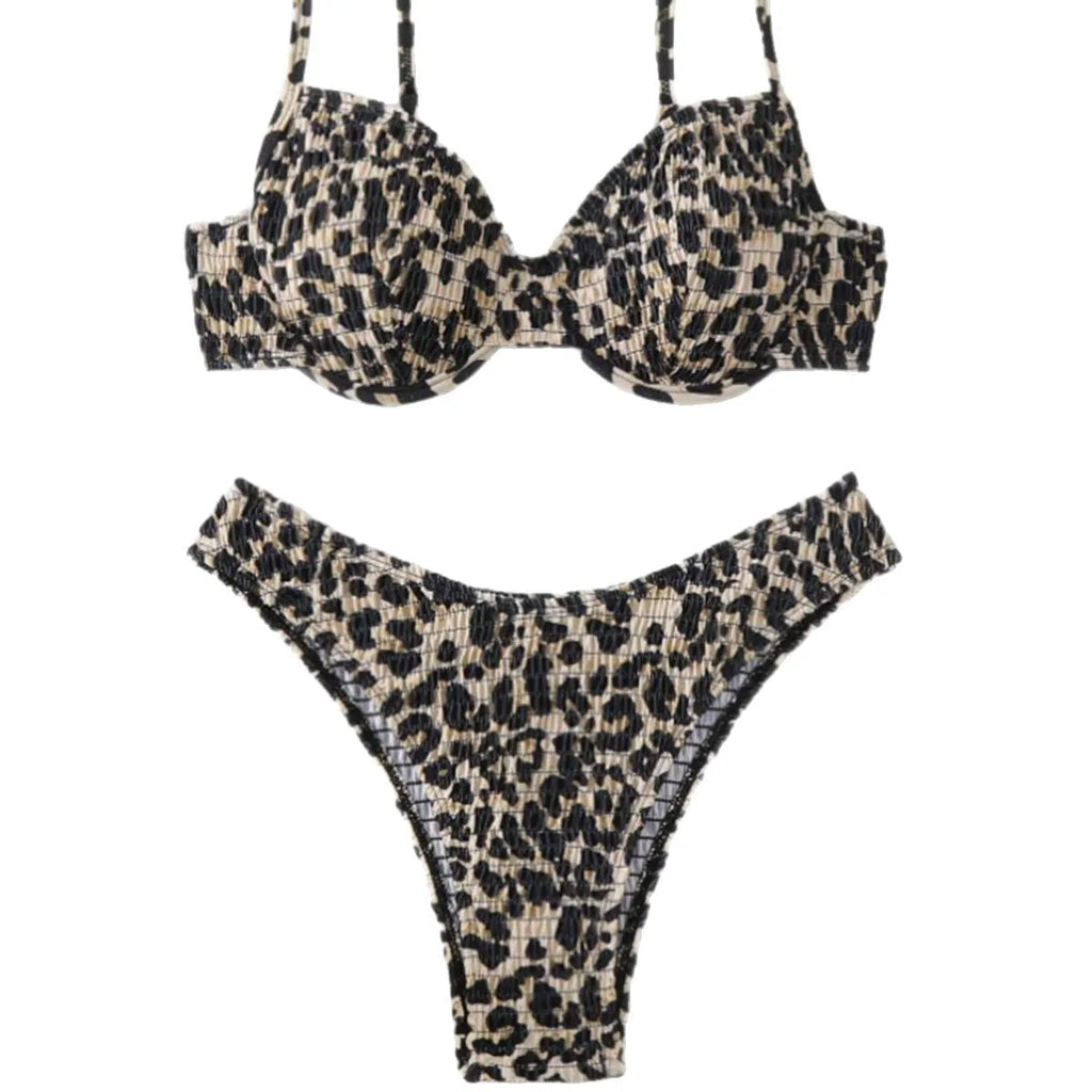 Leopard print backless bikini set for women in a tight fit.