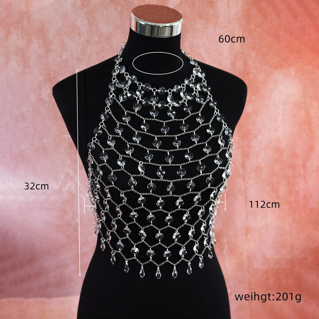 Transparent acrylic crystal sequin body chain with hand-woven plastic and resin construction