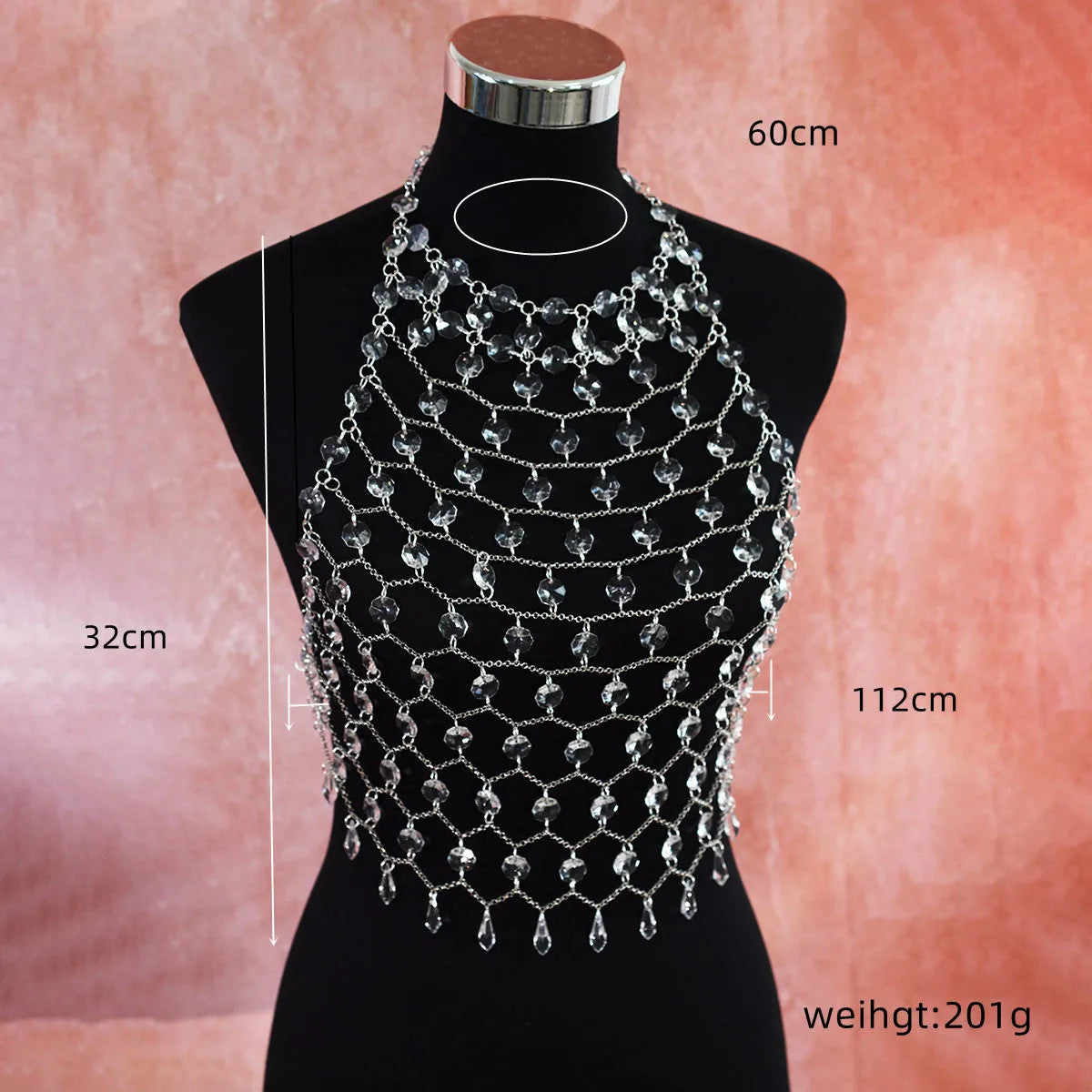 Transparent acrylic crystal sequin body chain with hand-woven plastic and resin construction