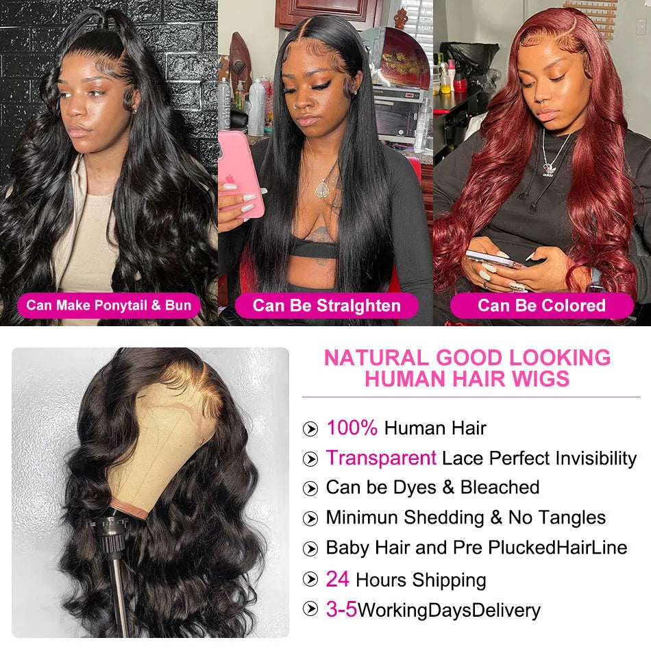 Black synthetic front lace wig with long curly hair and side bangs on a wig stand.