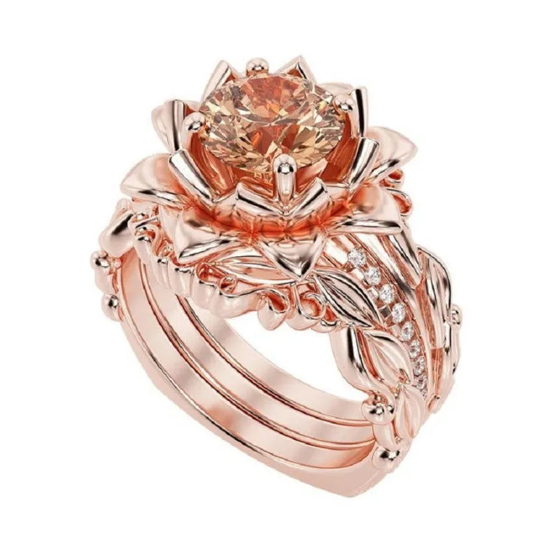 Geometric women's ring with rose zircon ornament in electroplated alloy with flower design elements