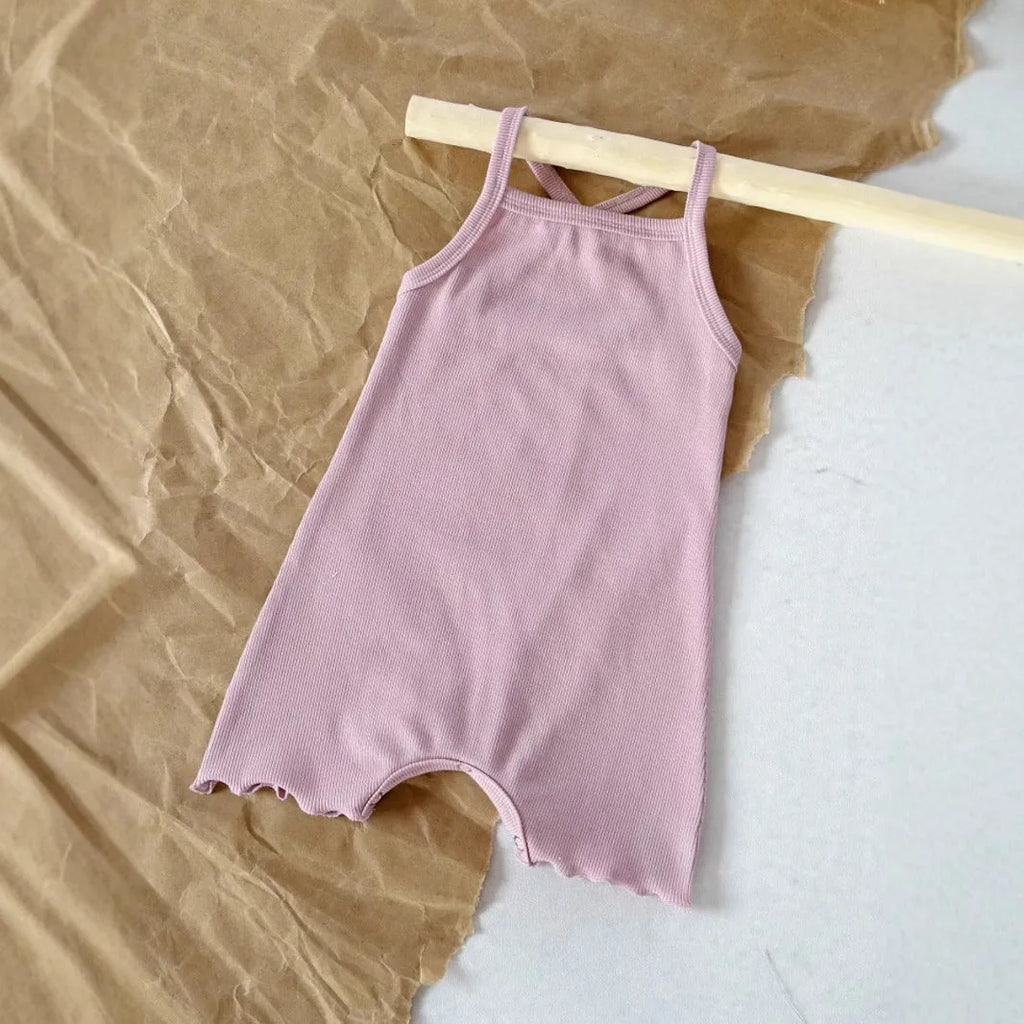 Baby sunken stripe camisole one-piece romper in modal fabric, pullover style, sleeveless triangle design for girls
