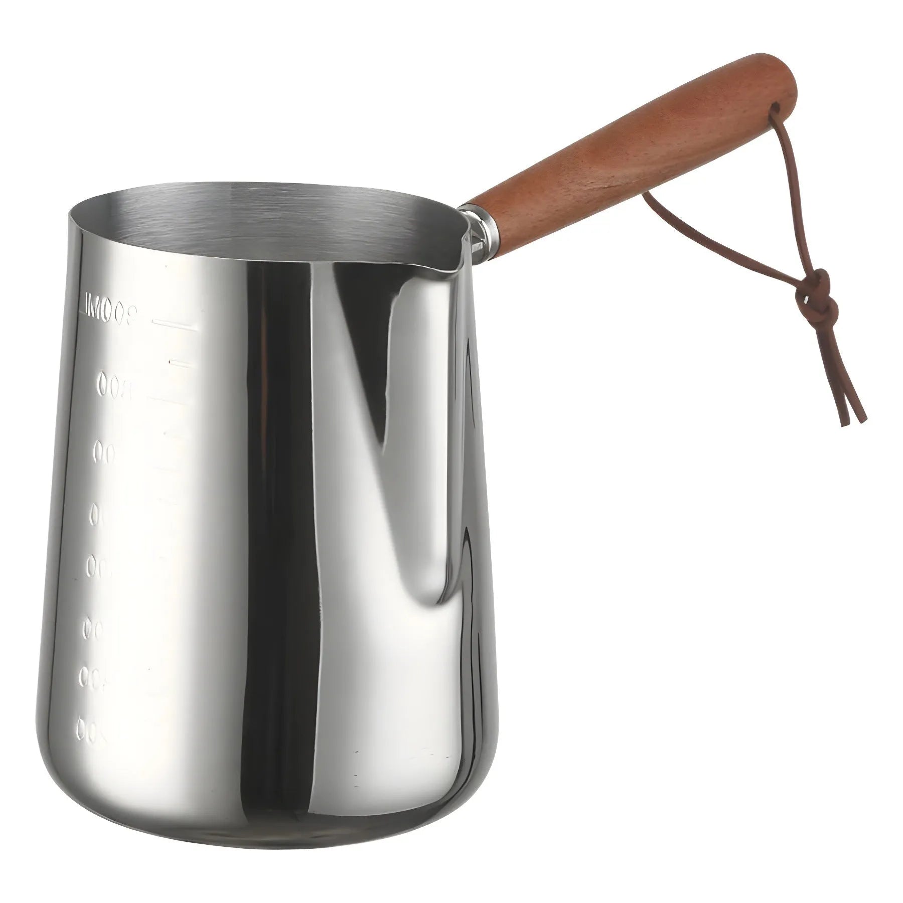 Stainless steel coffee milk jug with wooden handle and measuring scale for latte art.