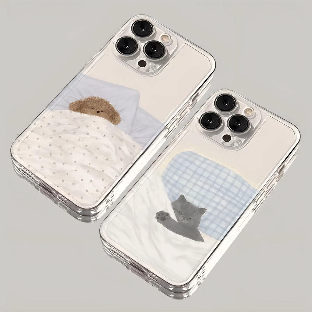 Transparent phone case showing sleeping cat pattern for Apple iPhone with TPU shockproof protection