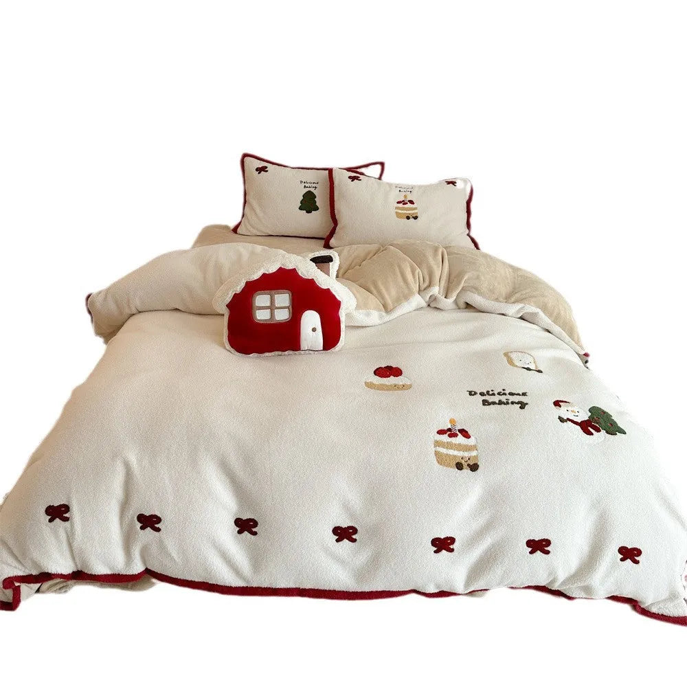 Winter Christmas cartoon bedding four-piece set with bed sheet, pillowcases, and duvet cover