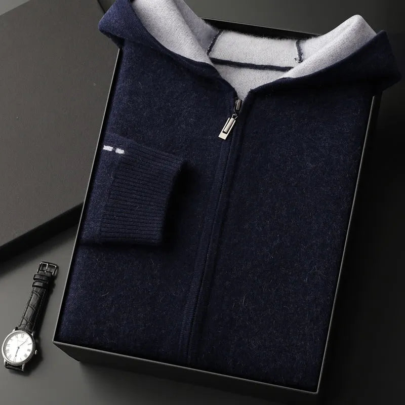 Men's dark blue cashmere cardigan sweater with half-high collar and zipper front in thickened construction