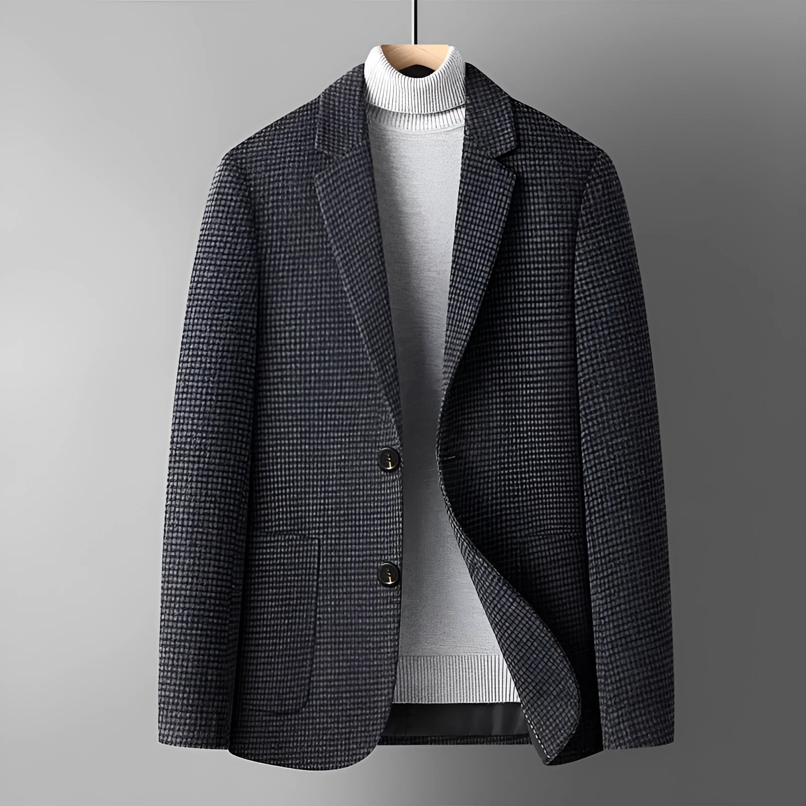 Men's slim fit wool blend suit jacket in a solid colour on a hanger.