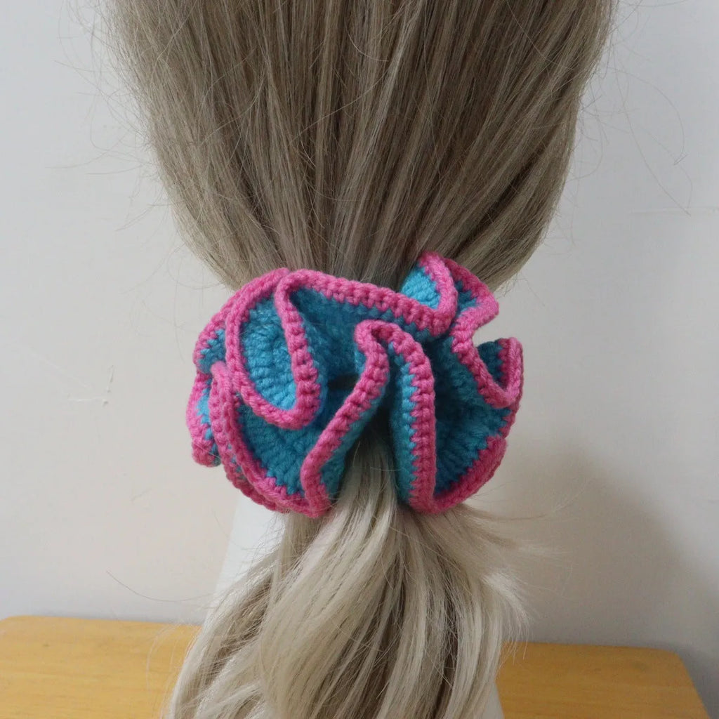 Girls cute bud hair ring with knitted flowers in pink and white polyester