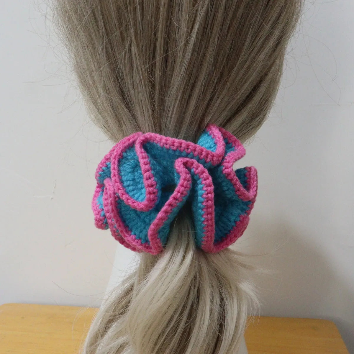 Girls cute bud hair ring with knitted flowers in pink and white polyester