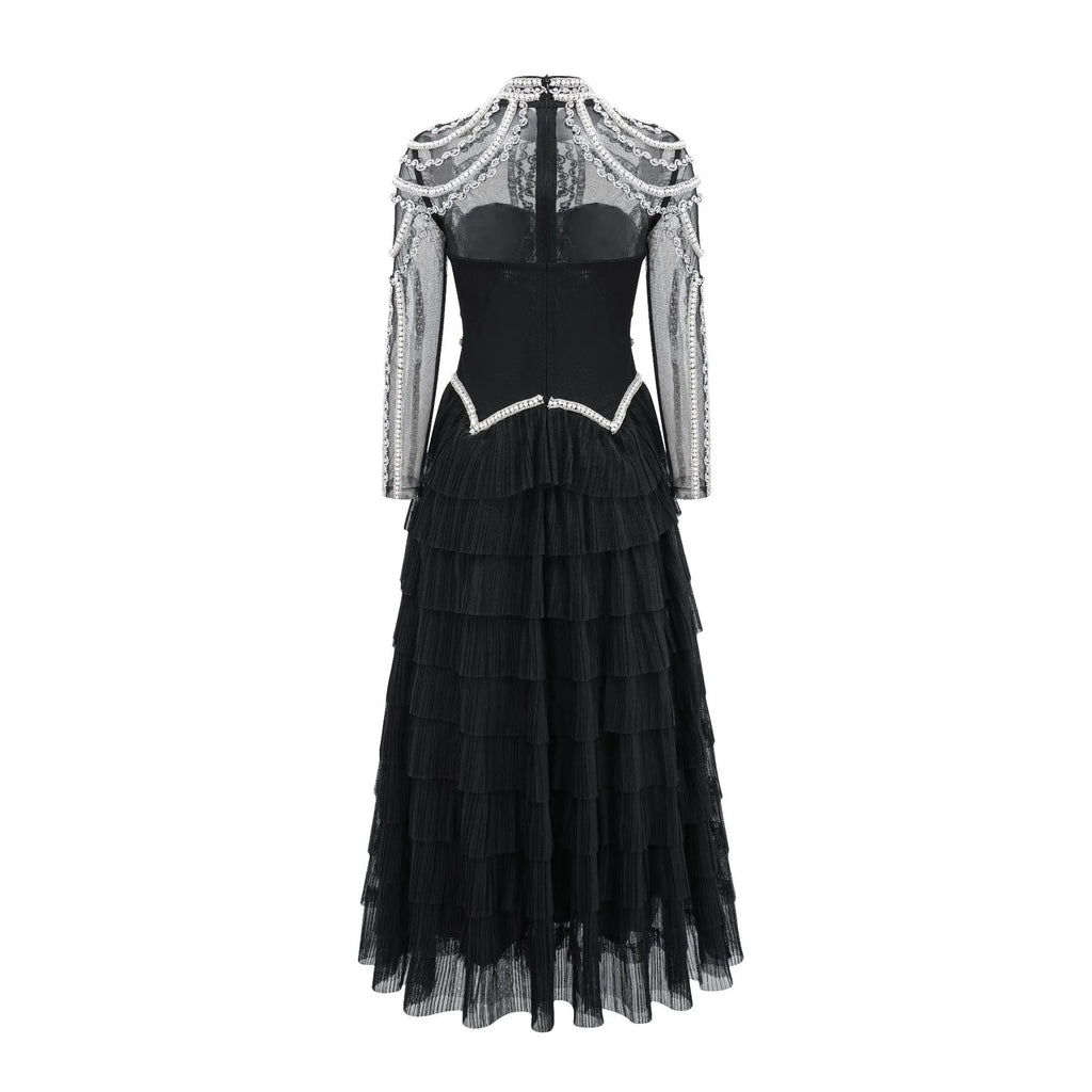 Women's long sleeve beaded dress in polyester with mid waist and long skirt design