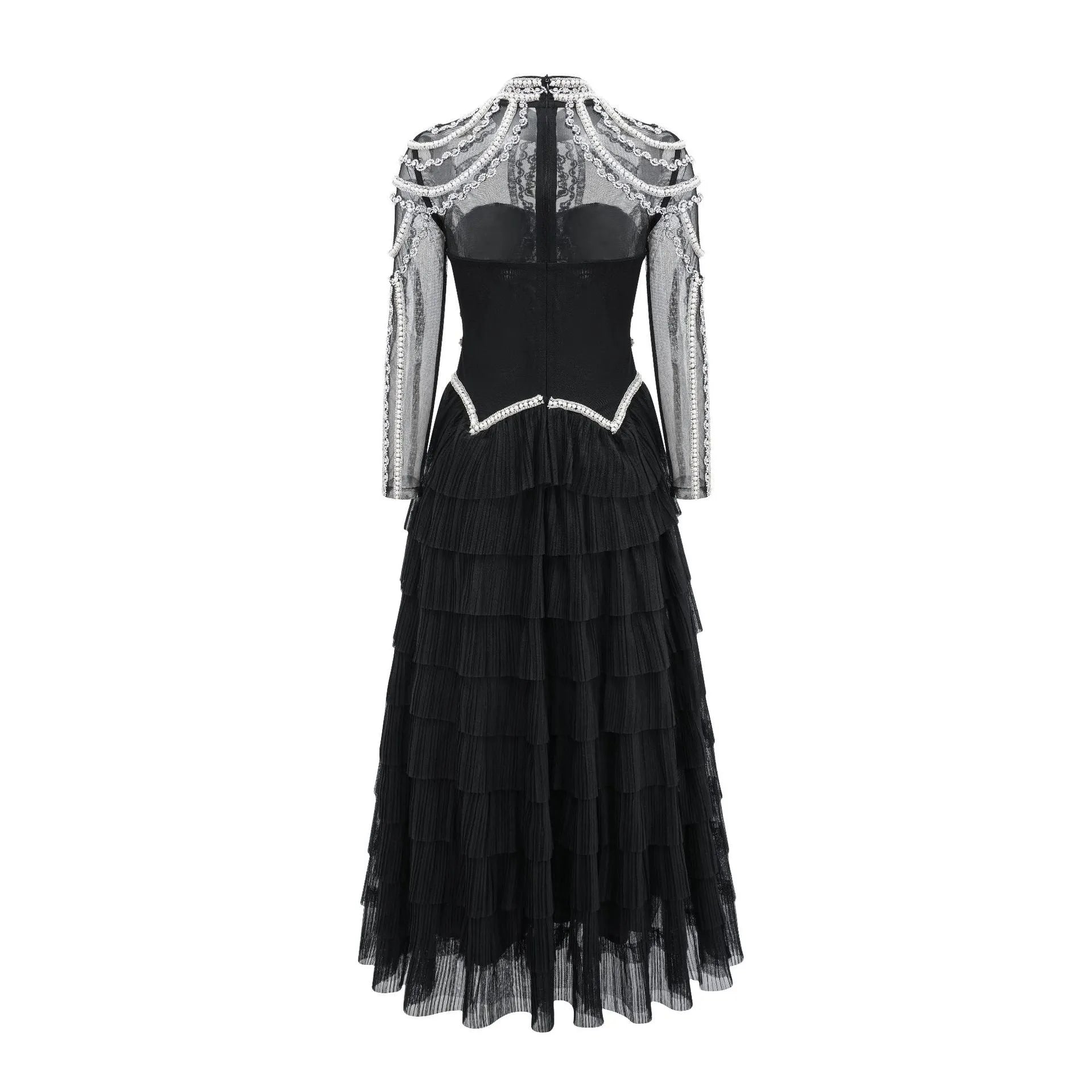 Women's long sleeve beaded dress in polyester with mid waist and long skirt design