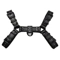 Black leather chest bondage strap with metal buckle adjustment for adults