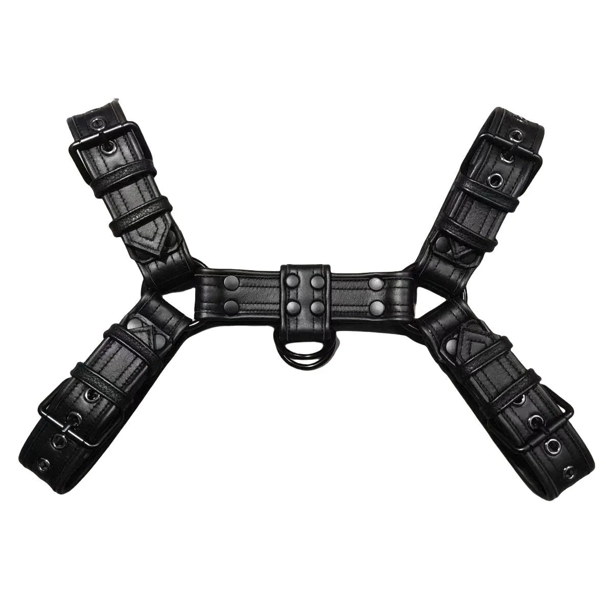 Black leather chest bondage strap with metal buckle adjustment for adults