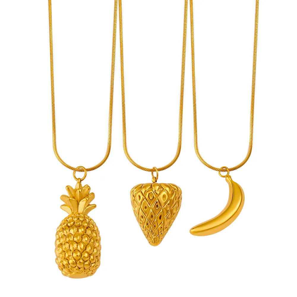 Stainless steel necklace with a colourful fruit charm pendant, options include apple, grape, and watermelon.