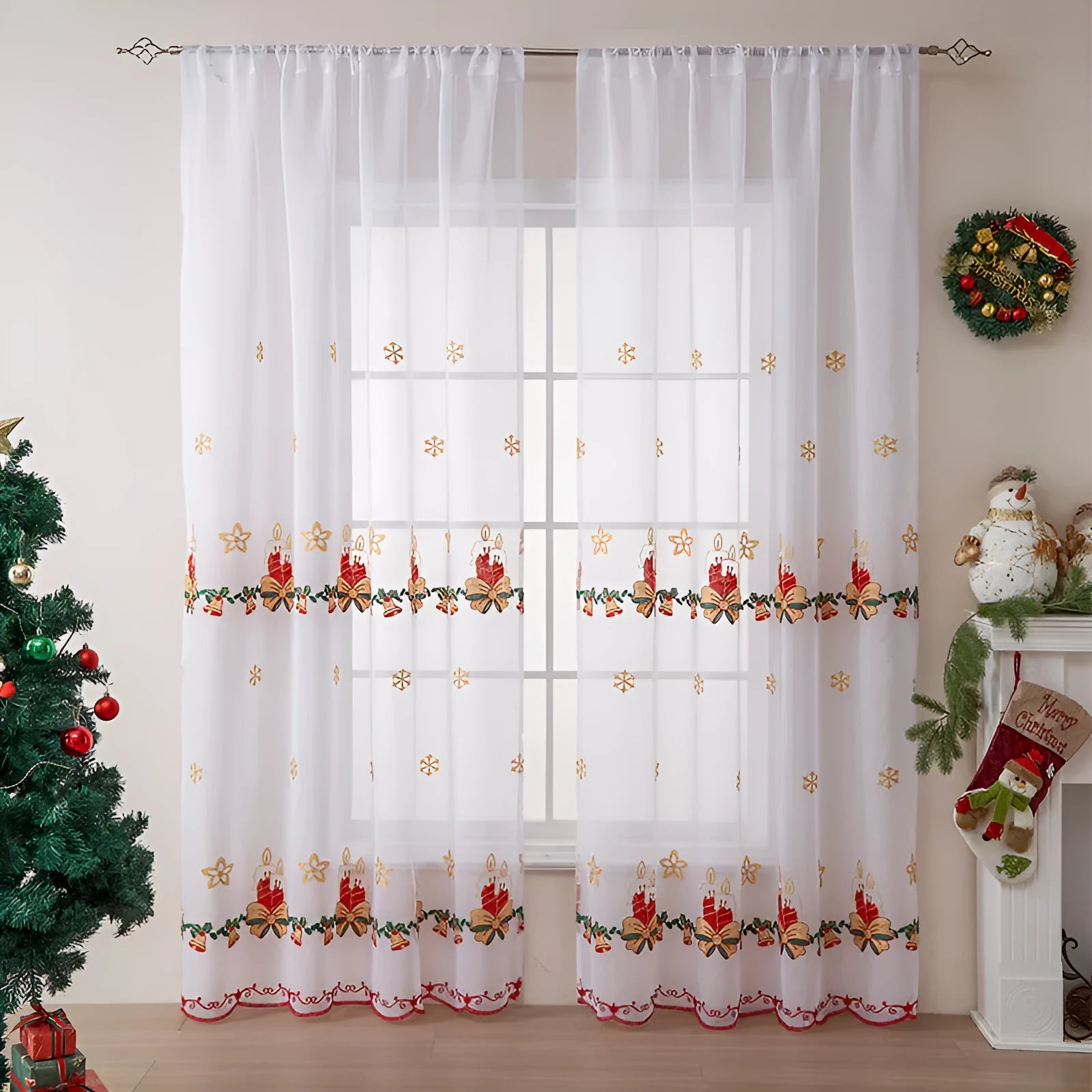 American Christmas curtains with embroidered snowflake pattern in polyester semi-sunshade fabric