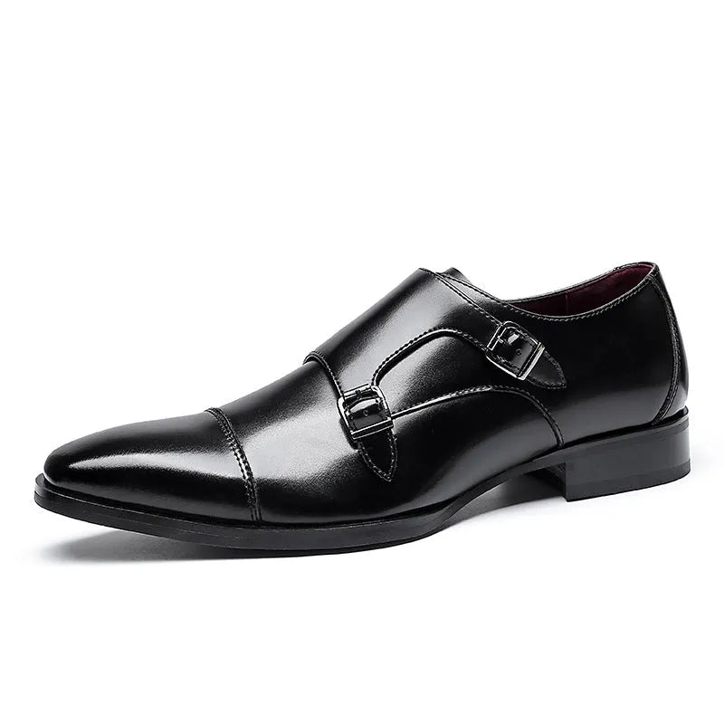 Men's black leather shoes with square toe design and low-top height for business formal wear
