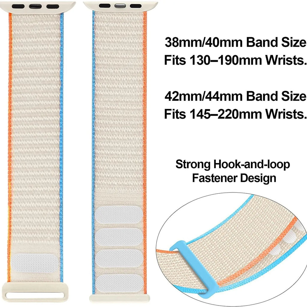 Woven nylon Apple Watch strap in multiple colours including pink sand and rainbow patterns