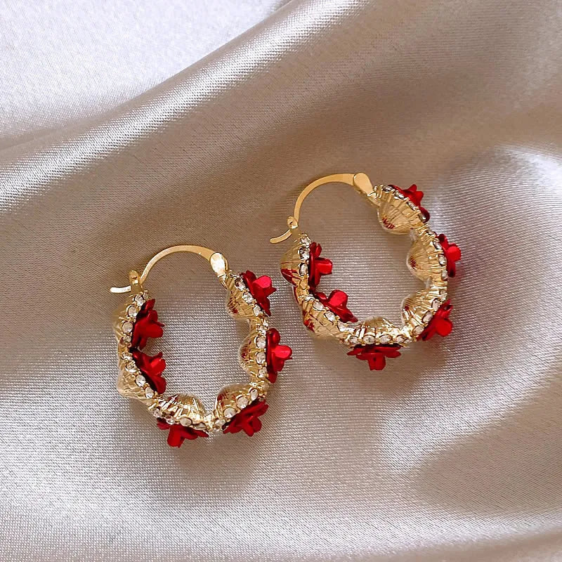 Red flower alloy ear clips with rose design elements for women's jewellery