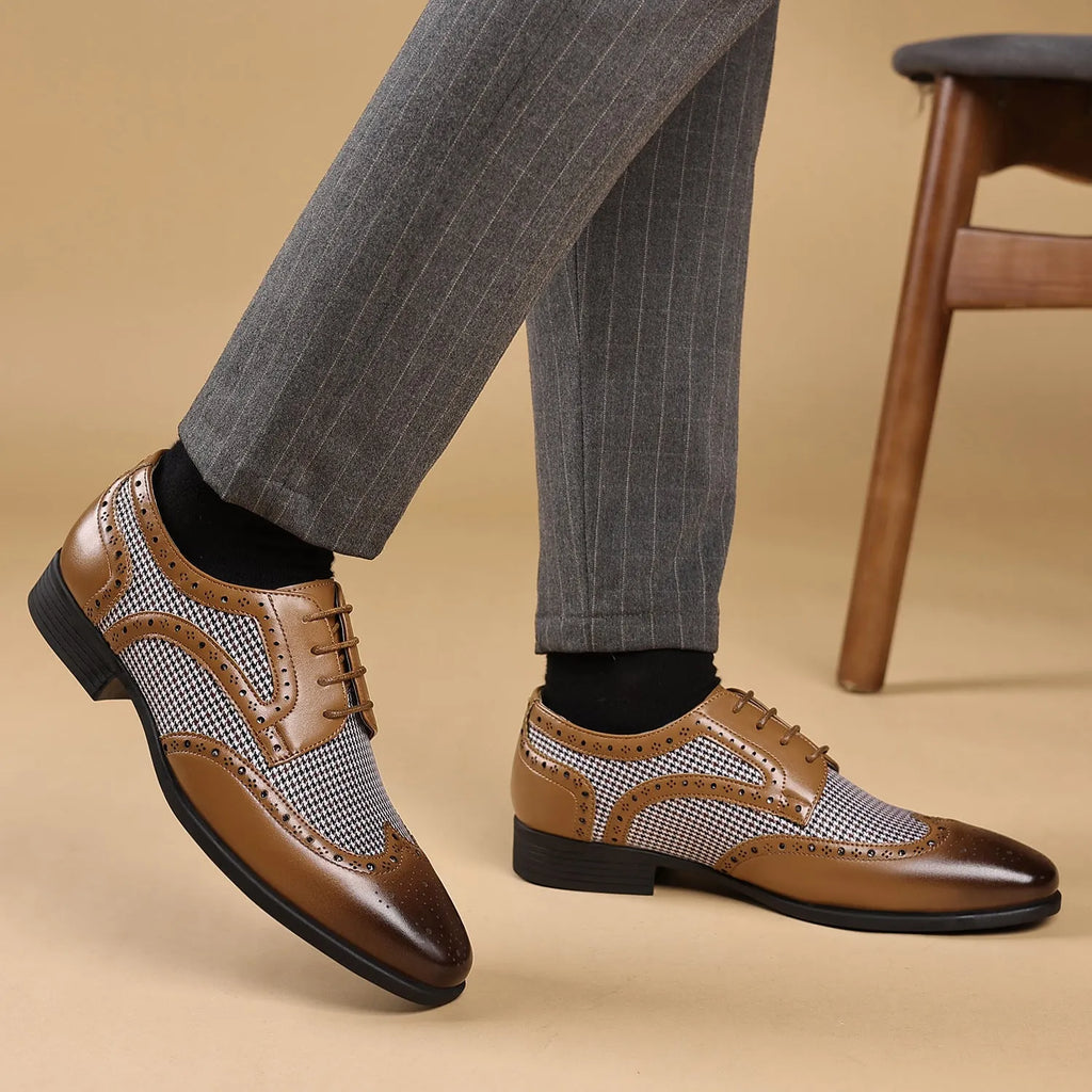 Men's casual leather shoes with houndstooth plaid pattern in black, brown, wine red or yellow colours